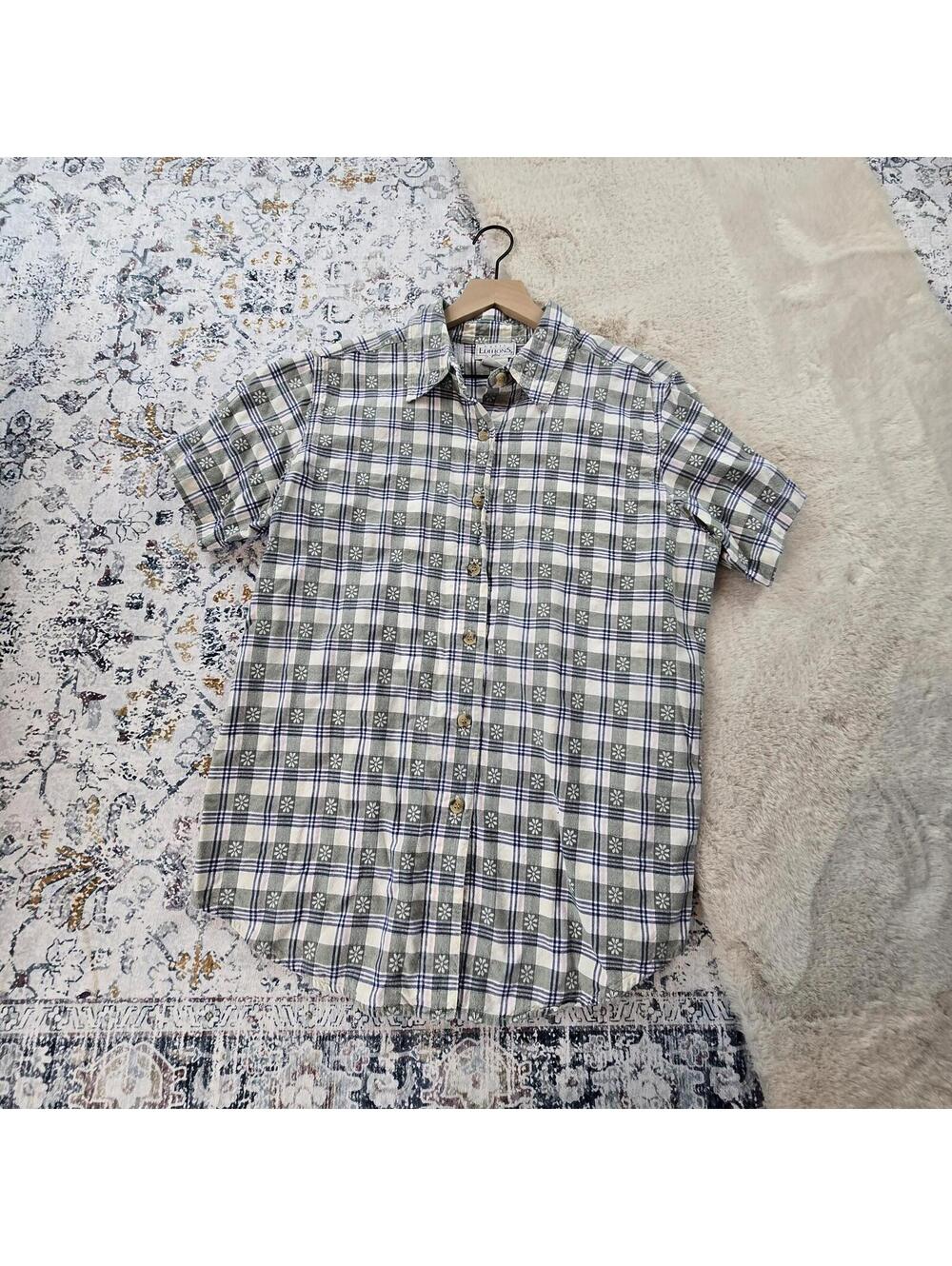Basic Editions Plus Plaid Flower Button Short Sleeve Top Blouse Women 18W